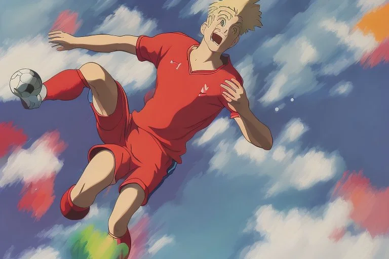 Oil painting, full body of a soccer player, he is kicking the ball, the ball is flying, bright but not neon colours, dynamic lines, dynamic blobs, spots, lines in the background of the character, splash like a colour explosion