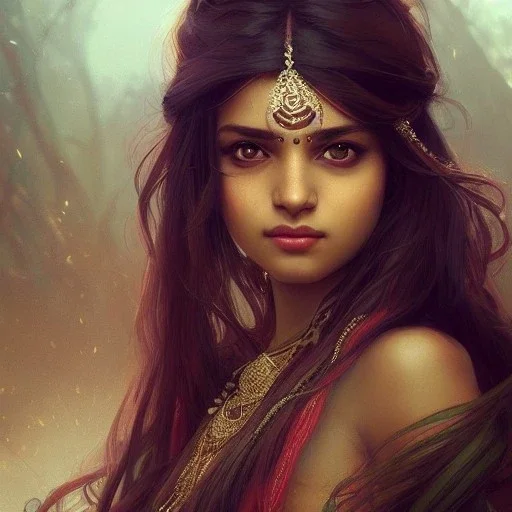  Indian mystical girl , cute, beautiful, long hair, cinematic, 8k, resolution concept art portrait by Greg Rutkowski, Artgerm, WLOP, Alphonse Mucha dynamic lighting hyperdetailed intricately detailed