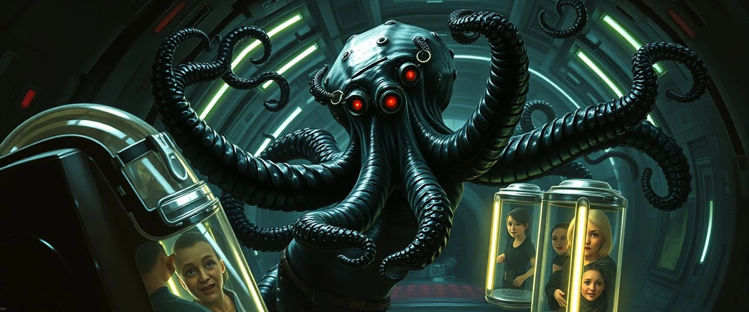 master oil painting by Rembrandt, black glistening slimy octopus insectoid hypnotic Nephilim tribal ornamented trauma watchers commando in spaceship with some scared humans in huge neon canisters, in the style of Giger, 3d anime