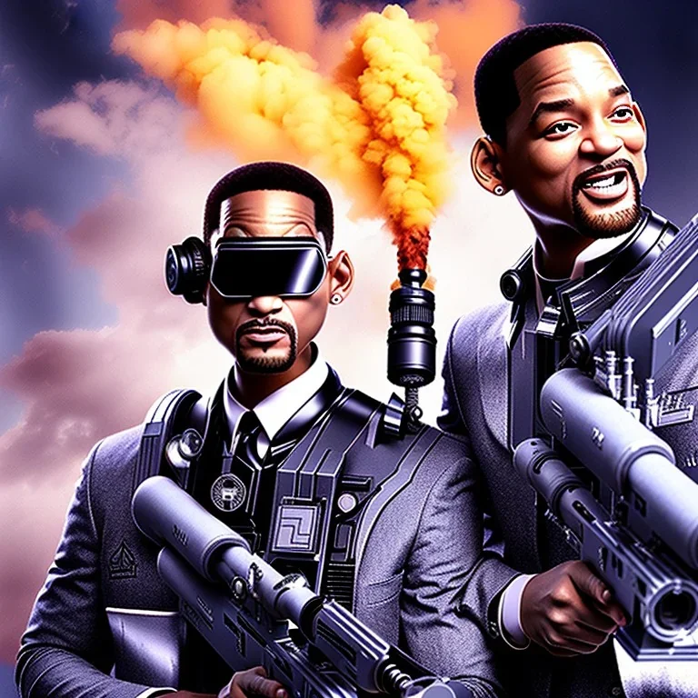 portrait, will smith from Men in Black, firing massive gun, scared, dynamic lighting, 8k, ultra detailed