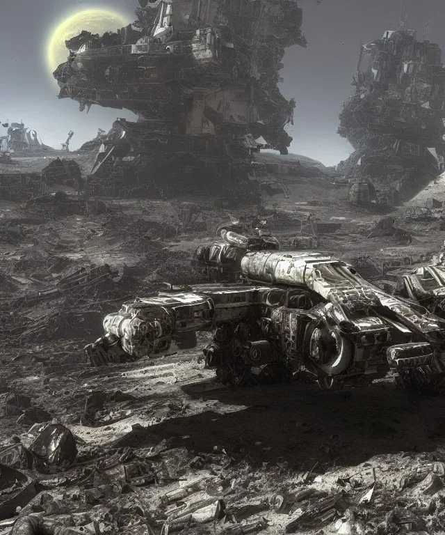 Crashed photorealistic futuristic destroyed mechanical mechwarrior abandoned wreckage in old battlefield blast crater on the lunar surface