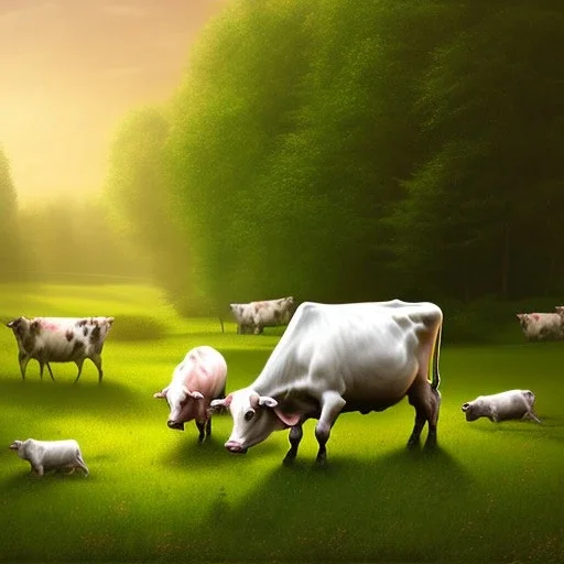 cows in green field near forest