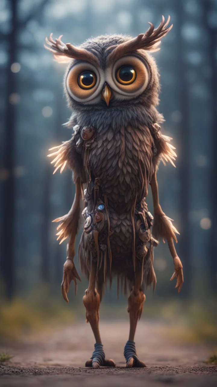 horror weird owl bear elk alien bird walking on stilts in female garments, getting hit by lightening electric arc, with big disturbed eyes,bokeh like f/0.8, tilt-shift lens 8k, high detail, smooth render, down-light, unreal engine, prize winning