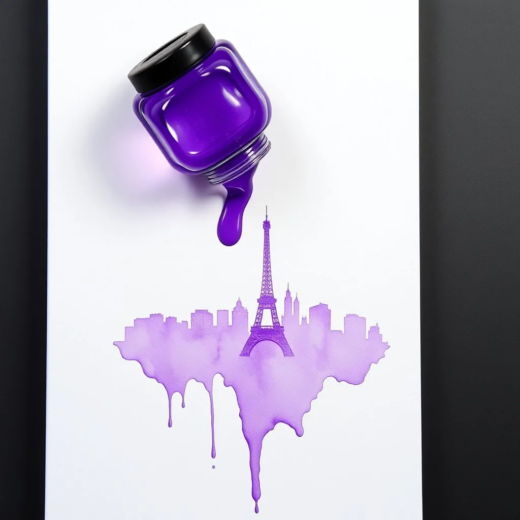 top-down perspective of an inkwell tipped over the leaked ink forming a half-finished light purple alcohol ink watercolor painting of a 2D Paris skyline silhouette onto a piece of white canvass, surreal, concept art