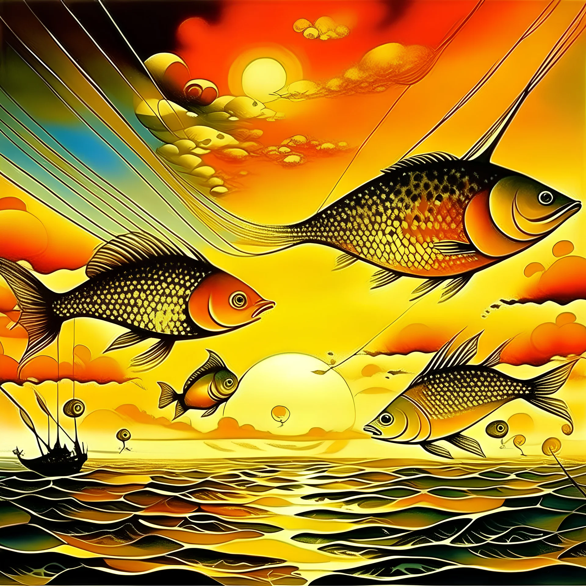 Radiant fishes with large scales flying in the sunset by Dali