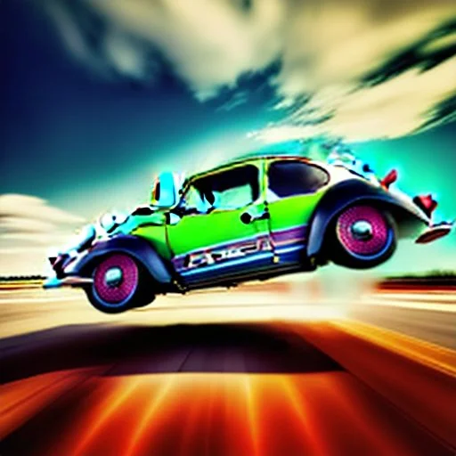 jet-fighter vw-beetle hybrid, retrofuturistic, phototrealism, in flight, one subject,