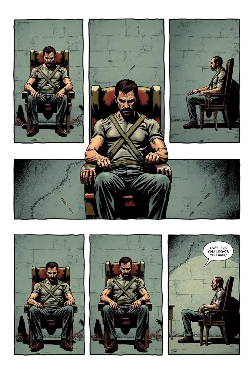 a page divided into 6 rectangular panels, each with different views of a man strapped to a chair and being interrogated, suspenseful torture graphic novel, comic book