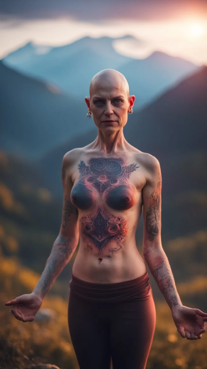 spray paint, body with dark outline, portrait of bald witch as yoga Vampire with psychedelic tattoos in carpathians montains sun set ,bokeh like f/0.8, tilt-shift lens 8k, high detail, smooth render, down-light, unreal engine, prize winning