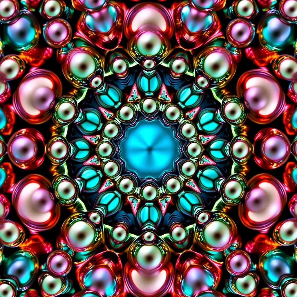 3d Kaleidoscope recursive made of a metallic random color pearl spheres,hexagon diamonds, turning many times likr Spirograph drawing Kaleidoscope Ruler Set creation