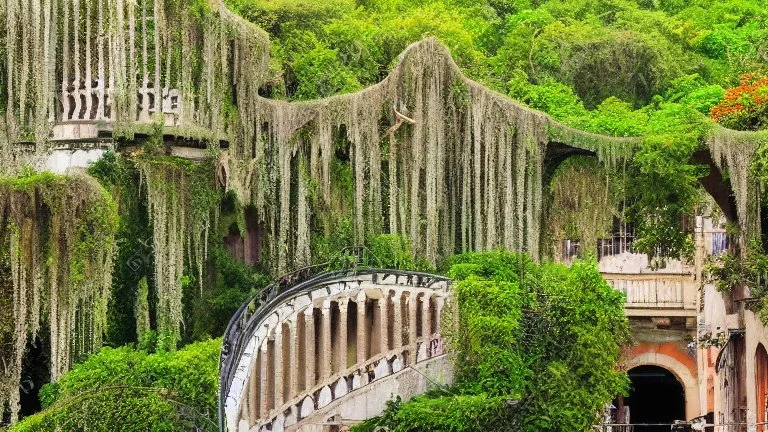 Gigantic mushroom village with balconies, archways, stairs, bridges, bushes, spanish moss, ivy, river, a winding pathway through the middle, in a valley