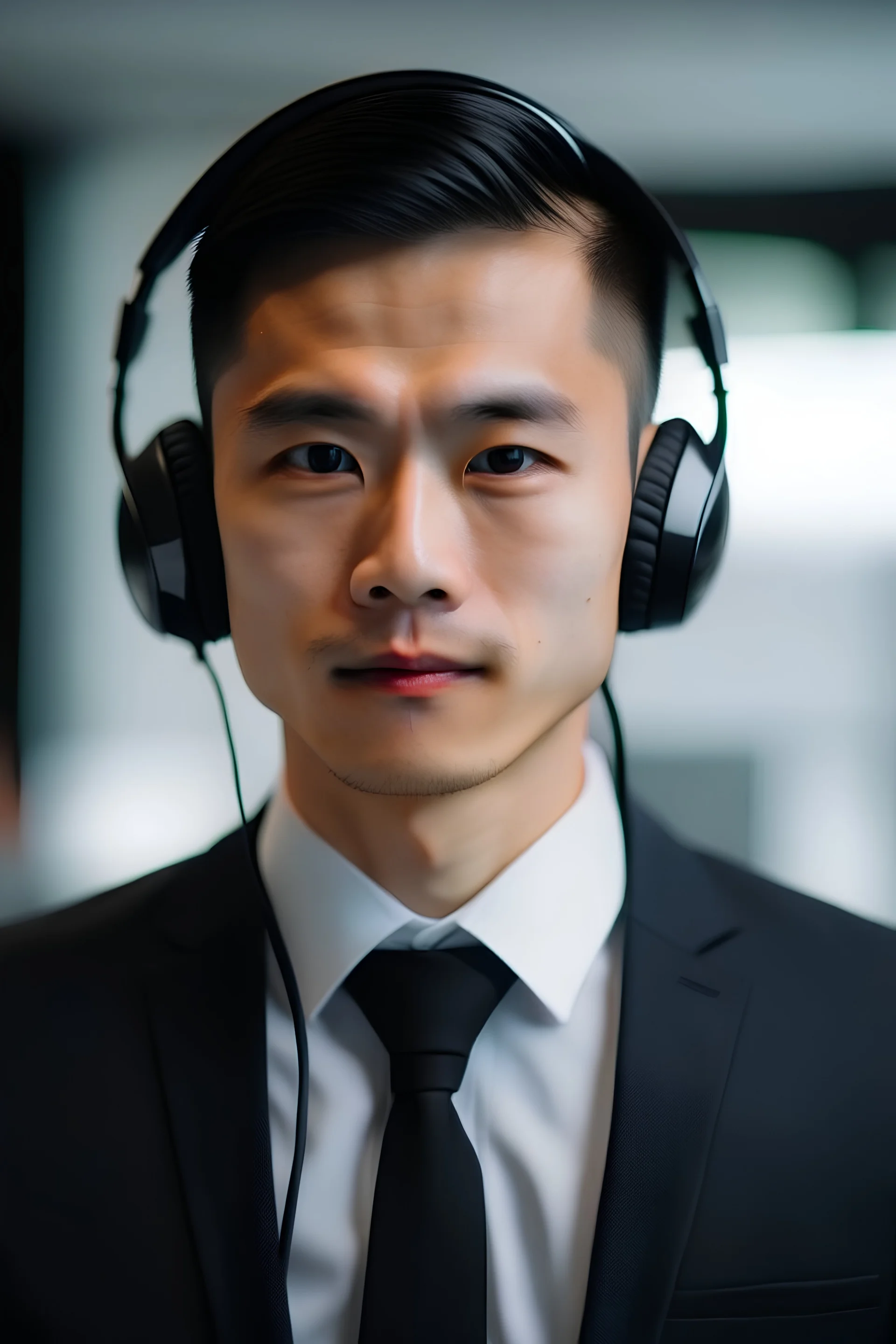 young asian man in a black suit wearing an earpiece