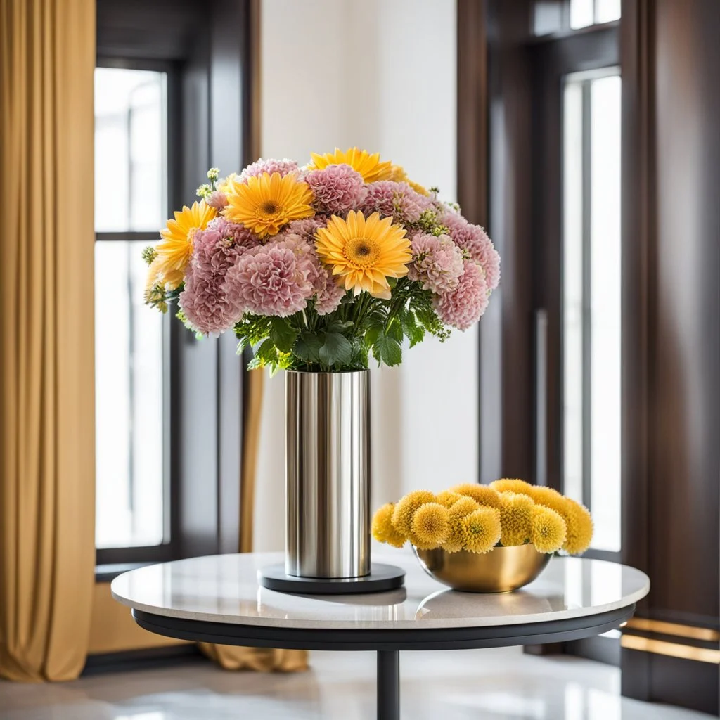 a luxury vase of flower on a turning turntable in modern hall