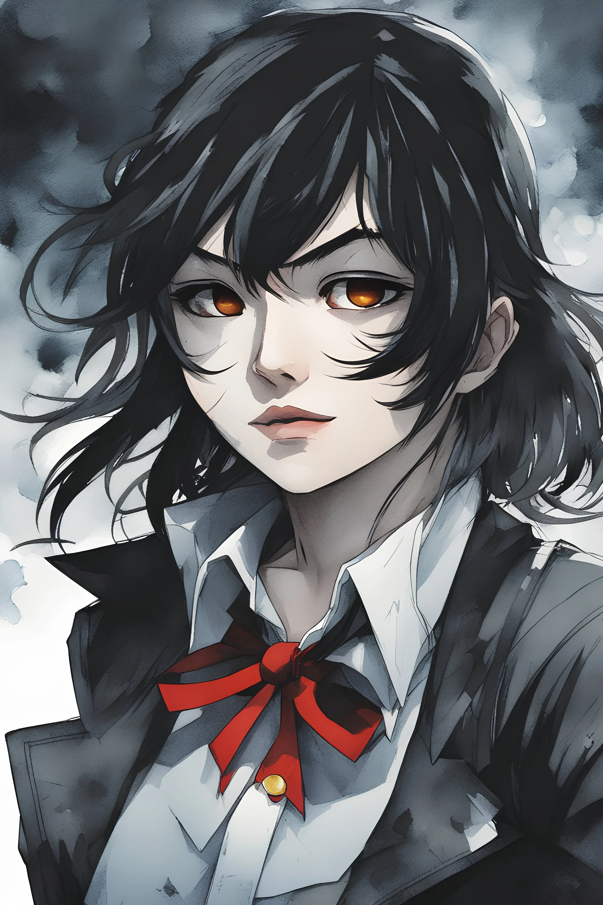 Ryuko Matoi from Kill la Kill wearing a black schoolgirl uniform. A soft-focus image of the silver moonrise casting a cool glow, create in inkwash and watercolor, in the comic book art style of Mike Mignola, Bill Sienkiewicz and Jean Giraud Moebius, highly detailed, gritty textures,