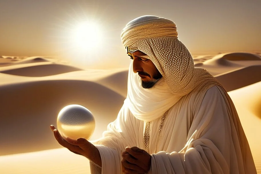 A sheikh dressed in Arab dress holds a palm-sized pearl, silky and shimmering in the desert sunlight.