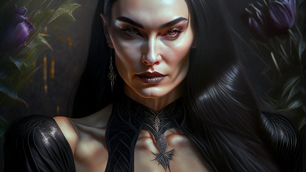 Stunningly gorgeous femme fatale as mortiça addams, full body portrait, perfect face, beautiful eyes, black dress, ring light, Black lipstick, hyper realist, hyper detailed, intricated, realistic shading, unreal engine, octane, final fantasy, karol bak, greg rutkowski, rossdraws, artgerm, wlop, vallejo