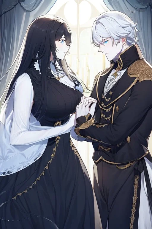 A beautiful young woman with long white hair and blue eyes, pale skin with opal freckles. Wearing a black dress. A man with long black hair in a Victorian suit. Couple.