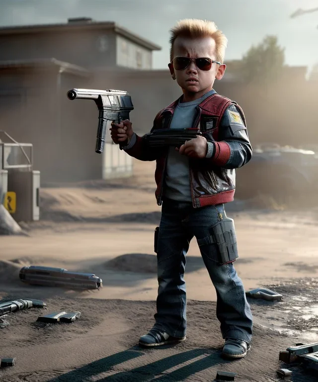 The Terminator toddler, shotgun, full body, dramatic lighting, angry, hyper realistic