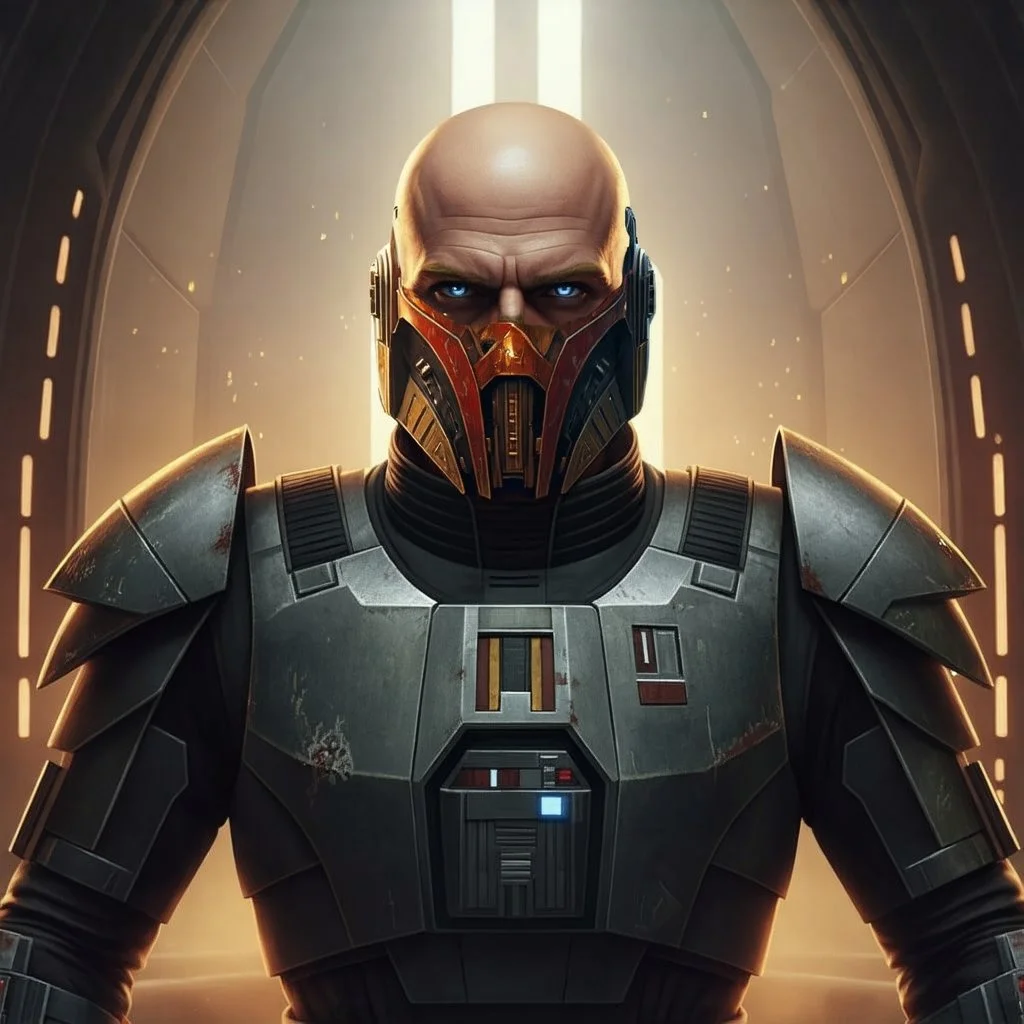 star wars bald male corellian jedi wearing gunmetal grey and black old republic armored flightsuit and breath mask with gold and metallic red trim inside the jedi temple, centered head and shoulders portrait, hyperdetailed, dynamic lighting, hyperdetailed background, 8k resolution, volumetric lighting, light skin, fully symmetric details