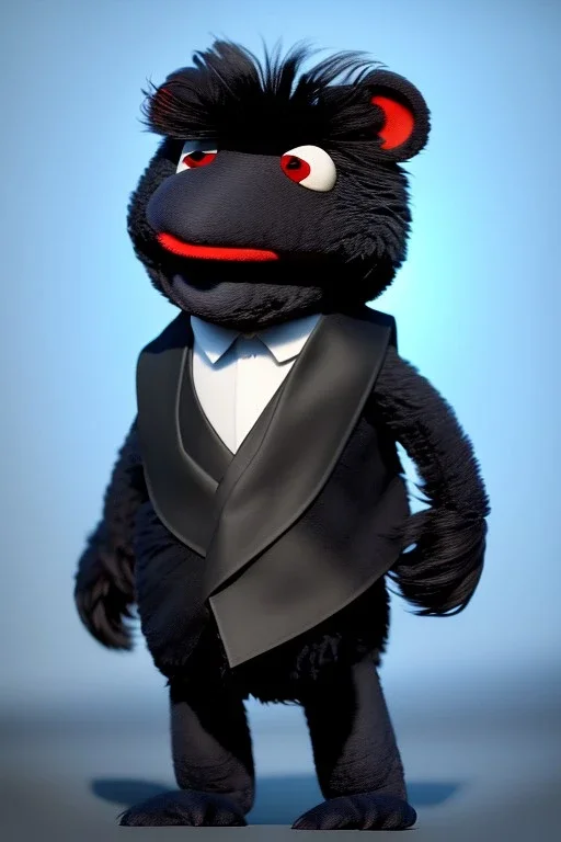 Waist up muppet Portrait, Kim Jong-un muppet doll, black suit, photo studio, red background, unreal engine 5, concept art, art station, ray tracing, lumen lighting, ultra detail, volumetric lighting, 3d.