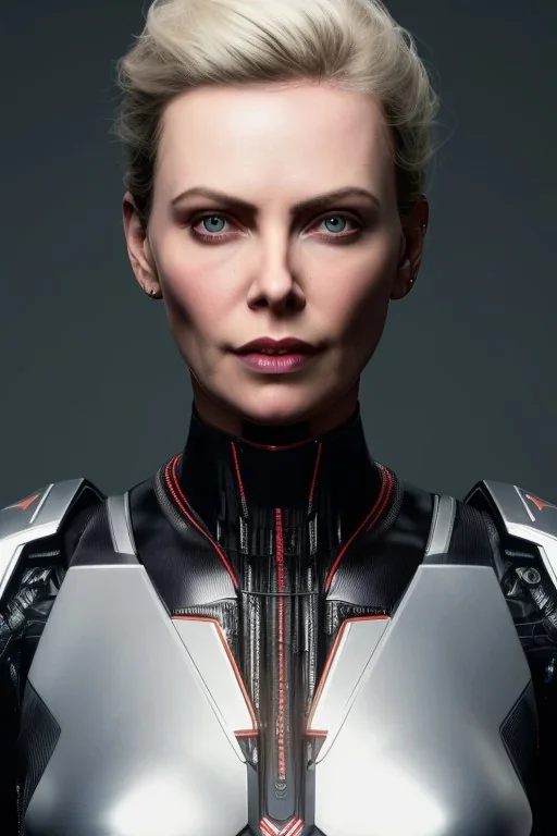 portrait full body, robot scifi with face charlize theron, ciberpunk, intricate, many lights in body, eyes lights, highly detailed, highli quality, 8k, volumetric lighting