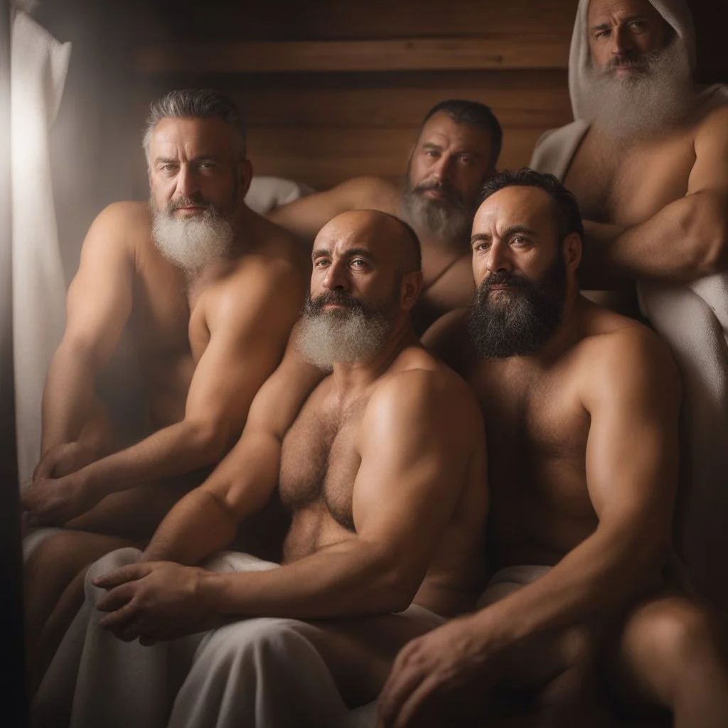 close up photography of a group of turkish and marocan 48 years old ugly chubby muscular men embraced, manly chest, covered with the towel at the hip, long beard, shaved hair, photorealistic, manly legs, manly arms, sitting in a steamy sauna, clouds of steam, side light