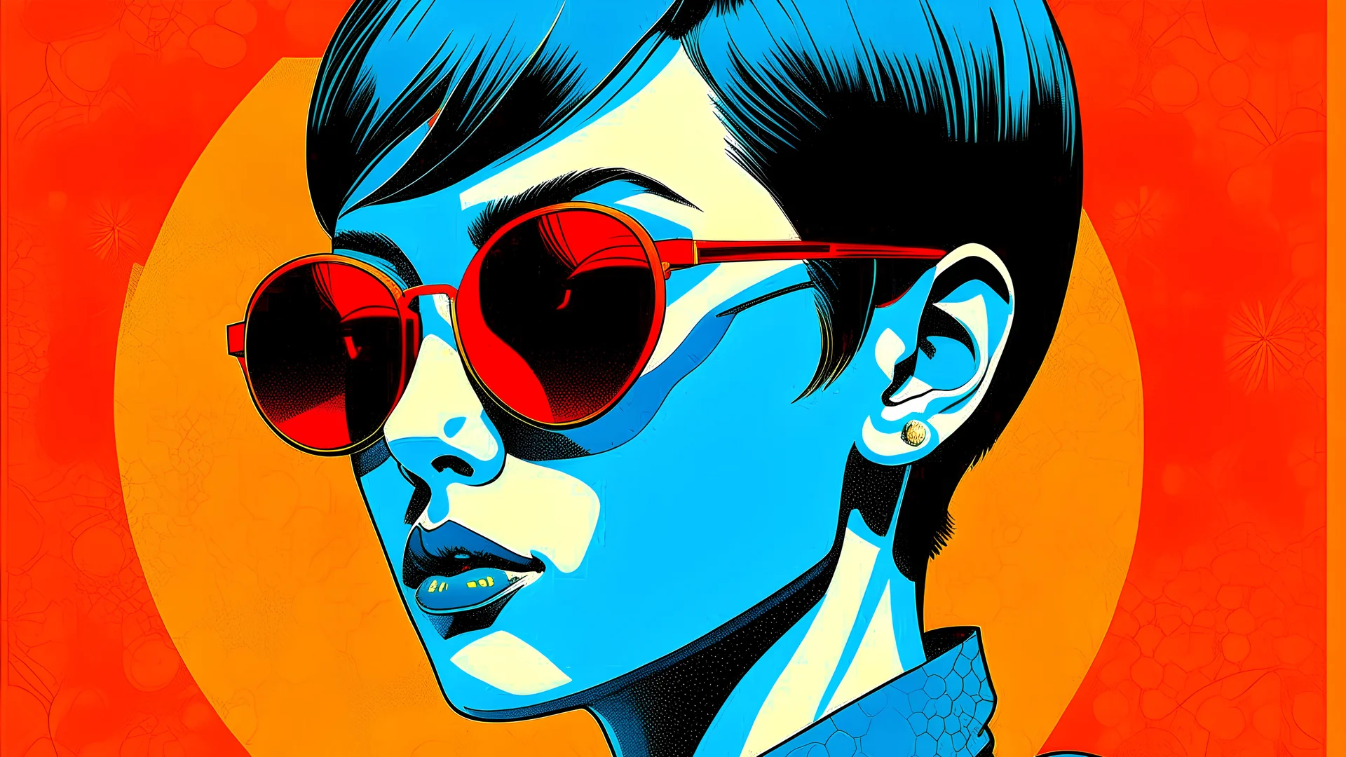 A retro illustration of a goth with sunglasses and short black hair, wearing teal , against a bright orange-blue Otto Dix textured background, in the style of vintage poster design, in the style of Hugh Kretschmer, in the style of Ross Tran, in the style of Fluid Forms, in the style of Peter Max, and in the style of J.C. Le Capitaine, high resolution.