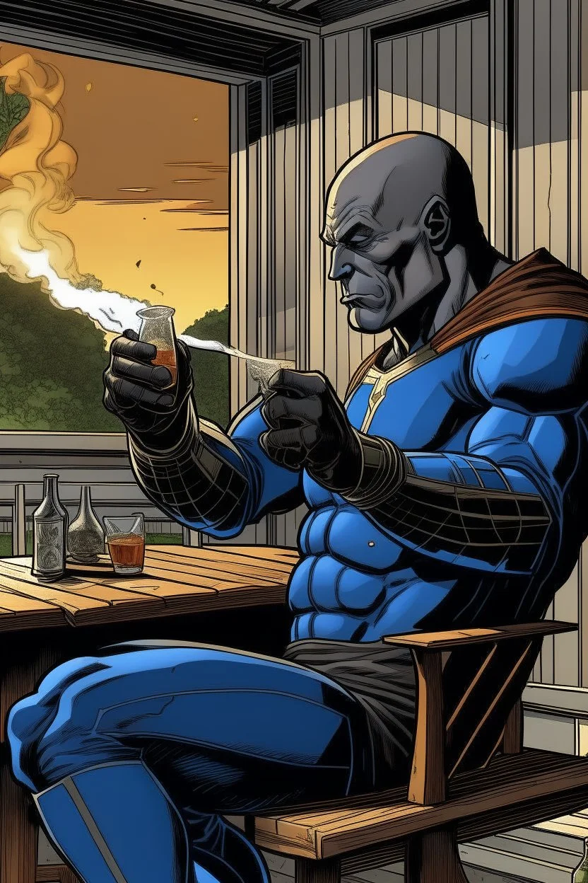 Darkseid smoking a cigar and drinking a glass of whiskey on the porch of the house.