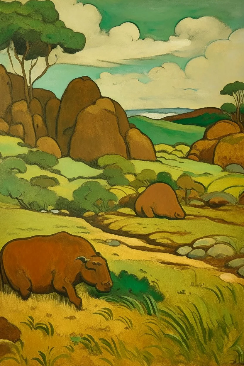 A brown savanna with block shaped rocks painted by Paul Gauguin