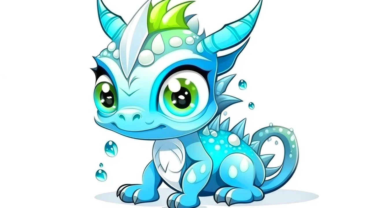 cartoon illustration: a cute little ice dragon with big shiny eyes and with crystal wings