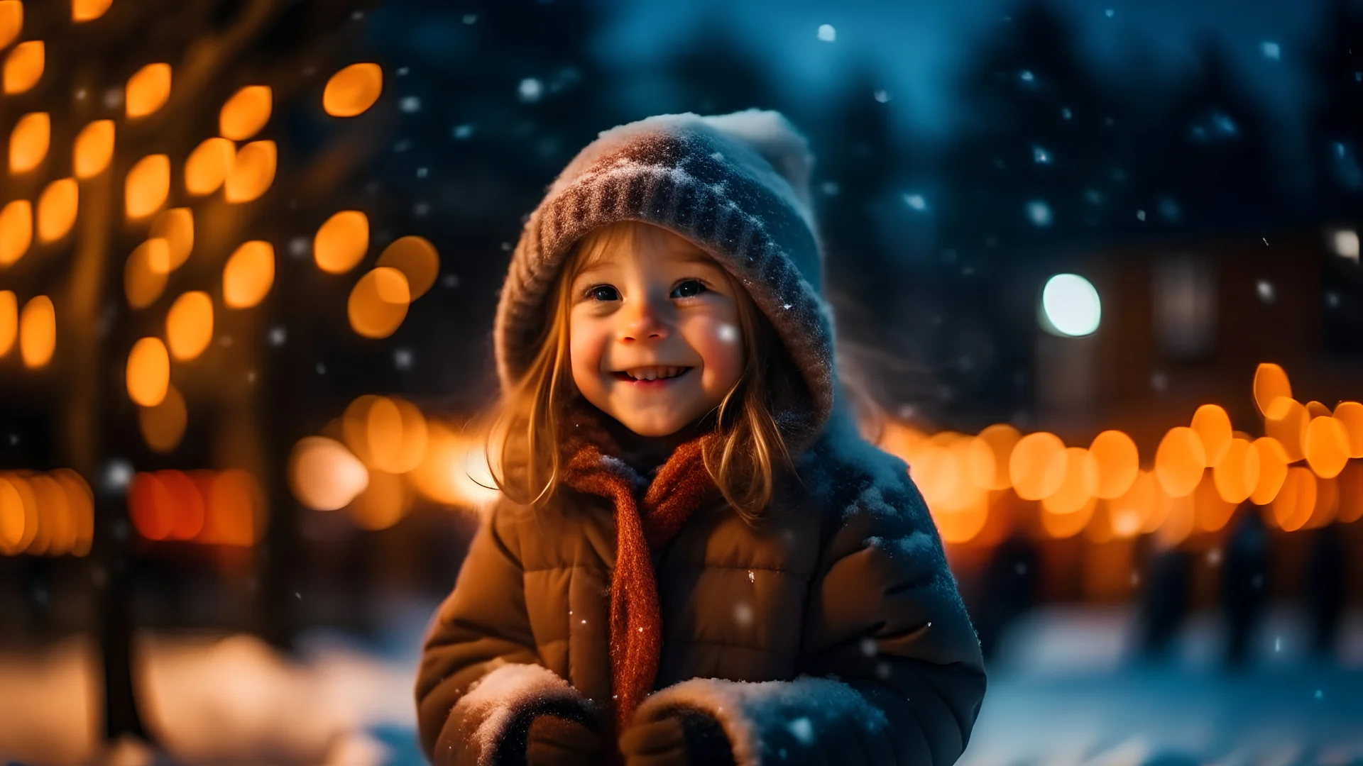 Little girl with christmas lights enjoying the holidays outdoors in snowfall. Happy cute child girl playing with Chistmas festive lights. digital ai