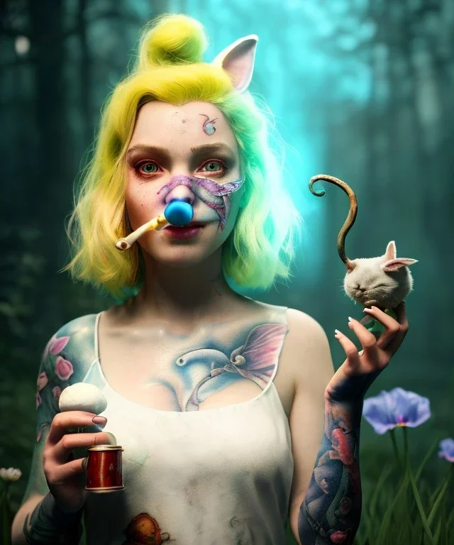 Ultra realistic wonderland photo, happy blonde woman smoking a pipe, blue dress, white rabbit pet, circus dress style, old school tattoo, smoke, marijuana garden, glow eyes, perfect iris, soft color, highly detailed, unreal engine 5, ray tracing, RTX, lumen lighting, ultra detail, volumetric lighting, high definition.