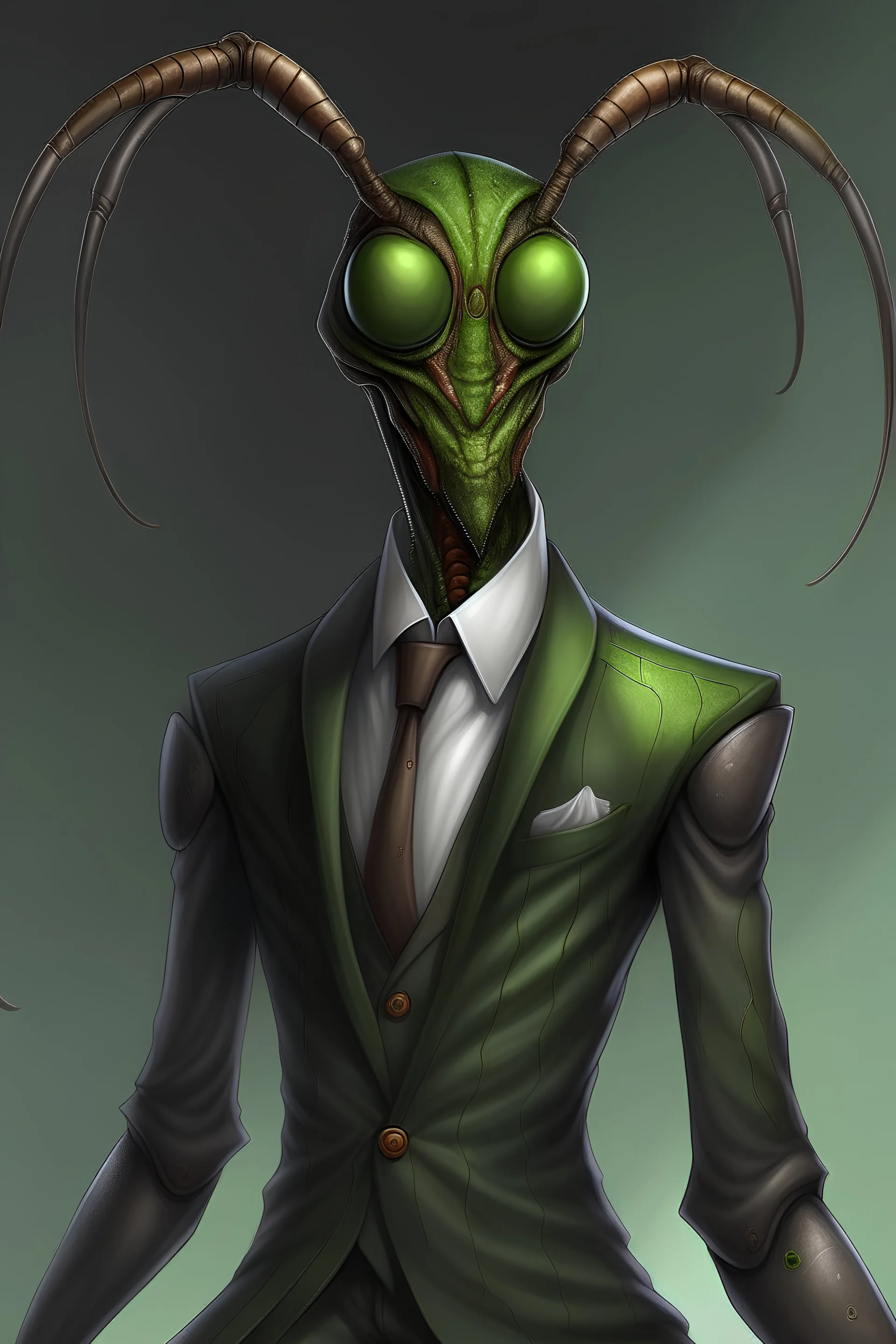 An anthropomorphic mantis businessman in a pinstripe suit, fantasy, digital art