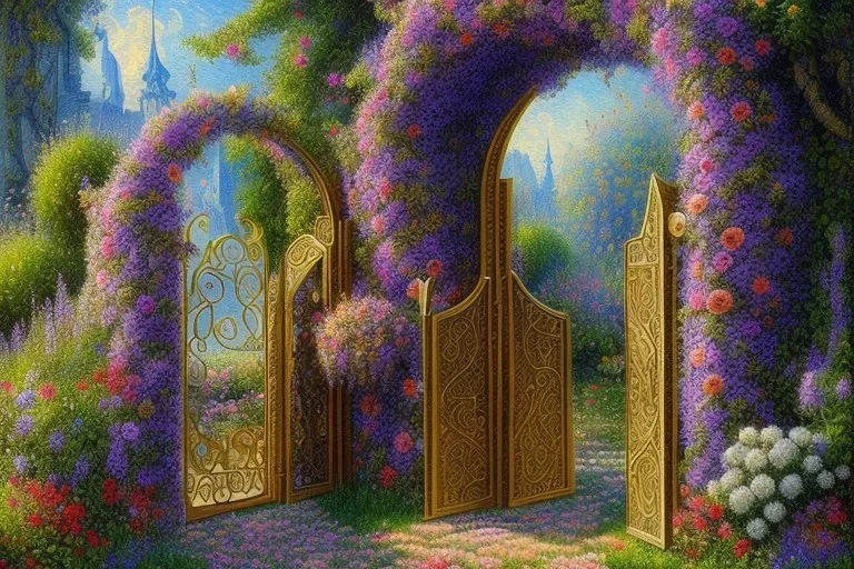 intricate ornate gate, garden, path, flowers, fine detail, high quality, Post-Impressionism, mystical, neo-dada