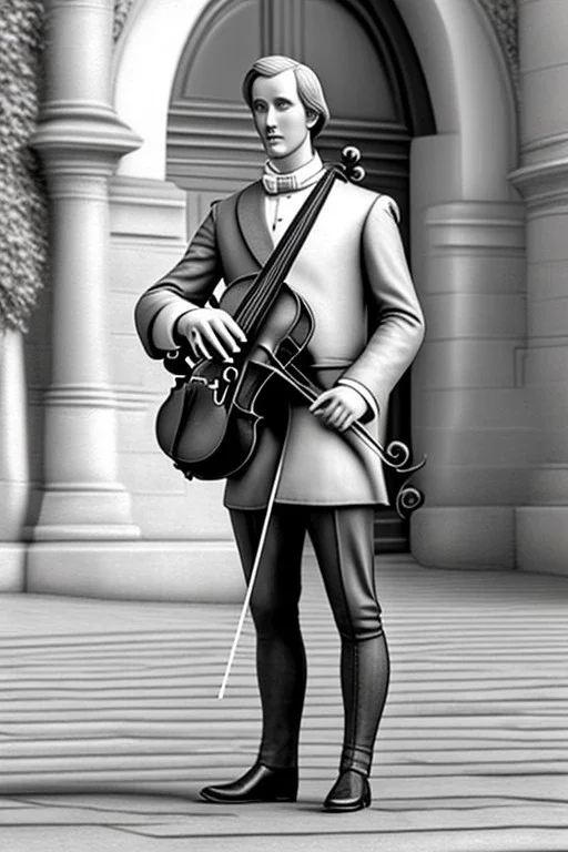 One single mature labrador, historic clothes, playing violin in the street , Vienna, friendly, model style, hyper realistic, extremely accurate, delicate, extremely detailed, Graphic novel style, wide-angle, open aperture, superfine pencil