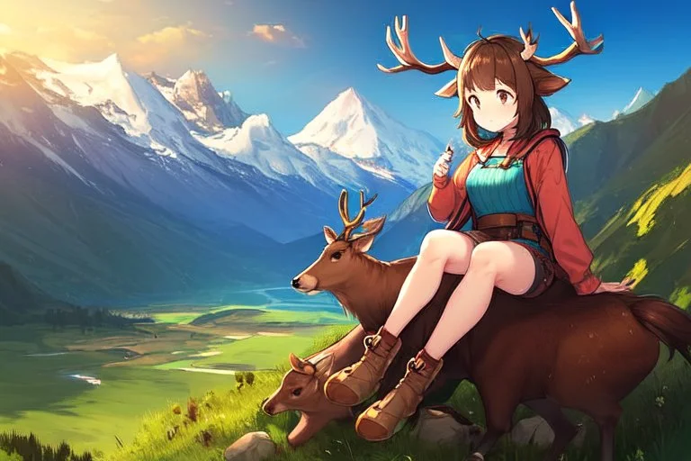 Girl, mountain, sit on stoan, deer hoof , brown hair