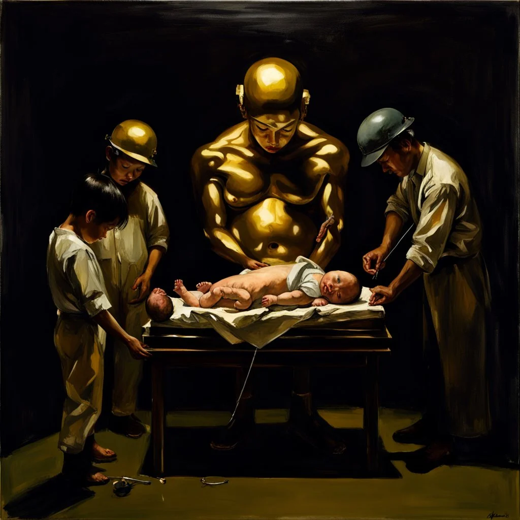 a huge golden brain supported by very small beautiful Asian female human bodies, complex surgical instruments mix a newborn boy between light and shadow, surrealism, symbolism, minimalism, sculpture by Adrian Ghenie, Lucian Freud, Rene Magritte, Salvador Dali