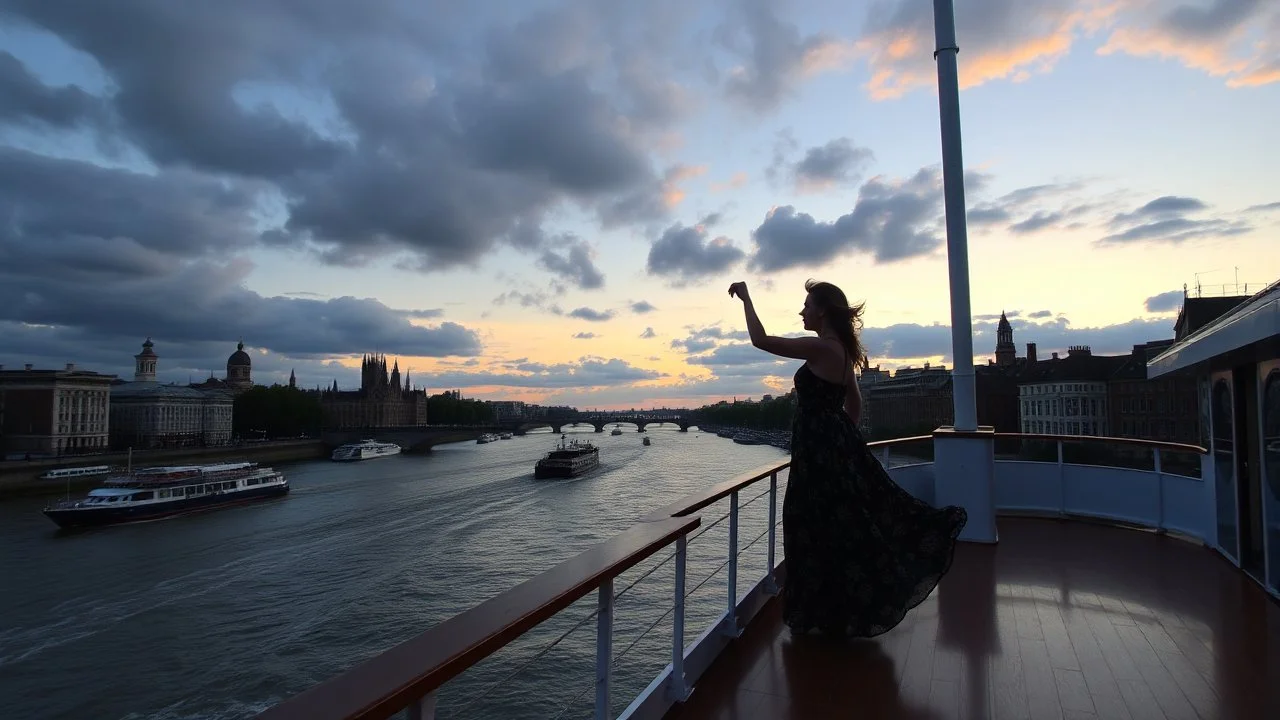 UK oxford street over times river, on wide deck of a big moving ship beautiful lady dancing ,ships in river, cloudy sky,sunset