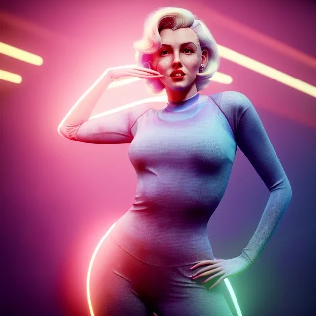 Realistic image, retro sci-fi, portrait, waist up view, blonde woman, sweet Marylin Monroe face, perfect iris, glow eyes. tight lycra tights suit, epic style, vibrant color, highly detailed, unreal engine 5, ray tracing, RTX, lumen lighting, ultra detail, volumetric lighting, 3d, finely drawn, high definition, high resolution.