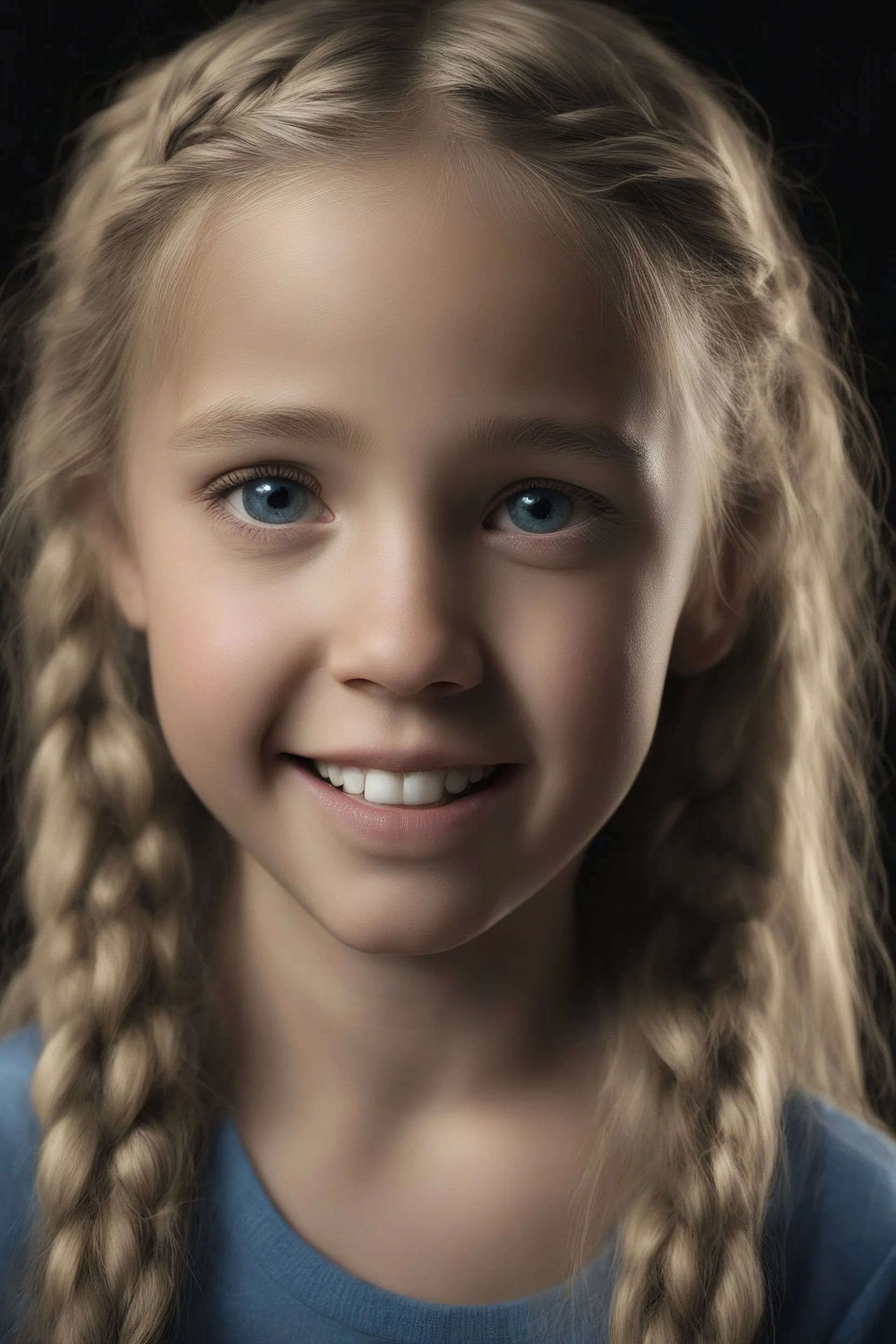 Chiaroscuro lighting, deep shadows, rich deep colors, facial portraits, 8K Ultra-HD, Hyper Realistic, Photorealistic, Realistic, focused, Clear, Extremely Detailed, beautiful, Cinematic, proportionate, full color, headshot image of a smiling 8-year-old girl with long blonde hair, pulled back into braids, wearing a pair of blue round lensed glasses, and a pink and blue button t-shirt, big happy smile, a foggy, cloudy, blue background