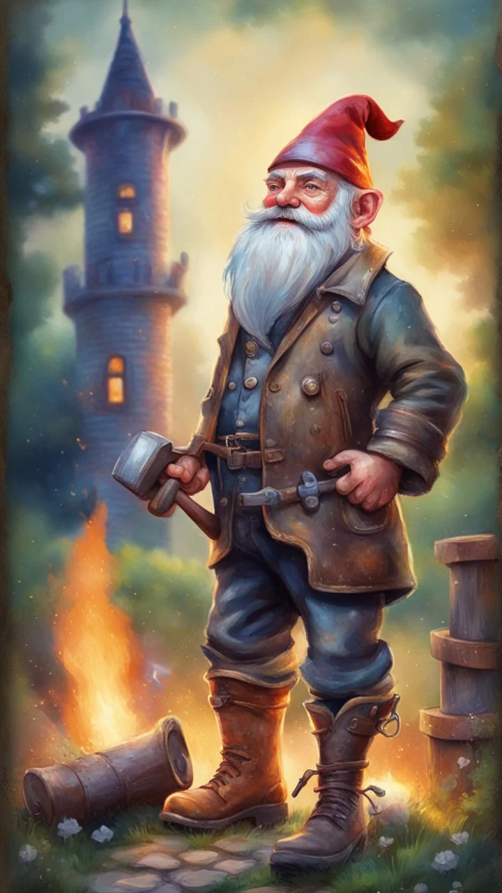 postcard portrait of bard post man sexy gnome fire man with old boots, sledge hammer and chissel in the garden holding a tower fortification, magazine cover illustration with oil paint and spray paint, signed, bokeh like, down-light, unreal engine, prize winning