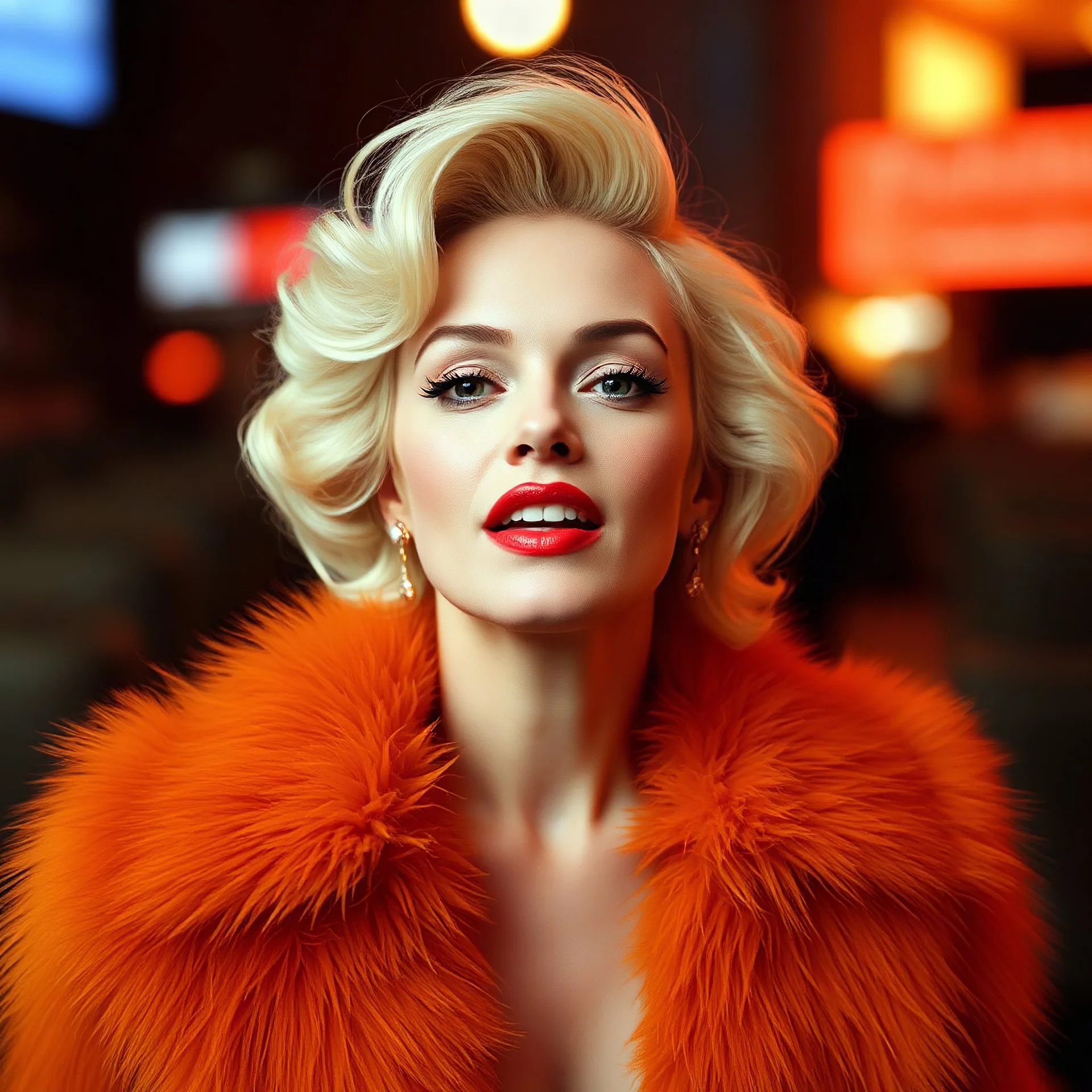 Marilyn monroe in fur orange shirt, slow shutter speed photograph