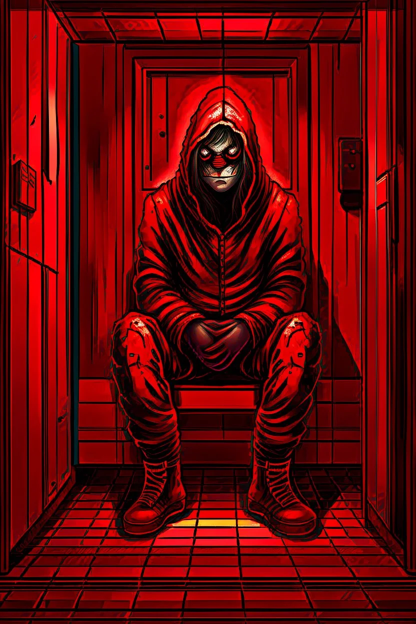 A scary gothic person sits quietly in the middle of a soundproof, padded room conveying intense dramatic emotions in a muted environment, wearing a red restraint jacket with arms inside, a mask to cover the mouth area of cannibal evil scary, dark and gothic look, cold eyes, eary ultra detailed,.32k, digital art style with messy paint, hardened sealer appearance, impasto, dramatic Arial view with explosive chaotic background