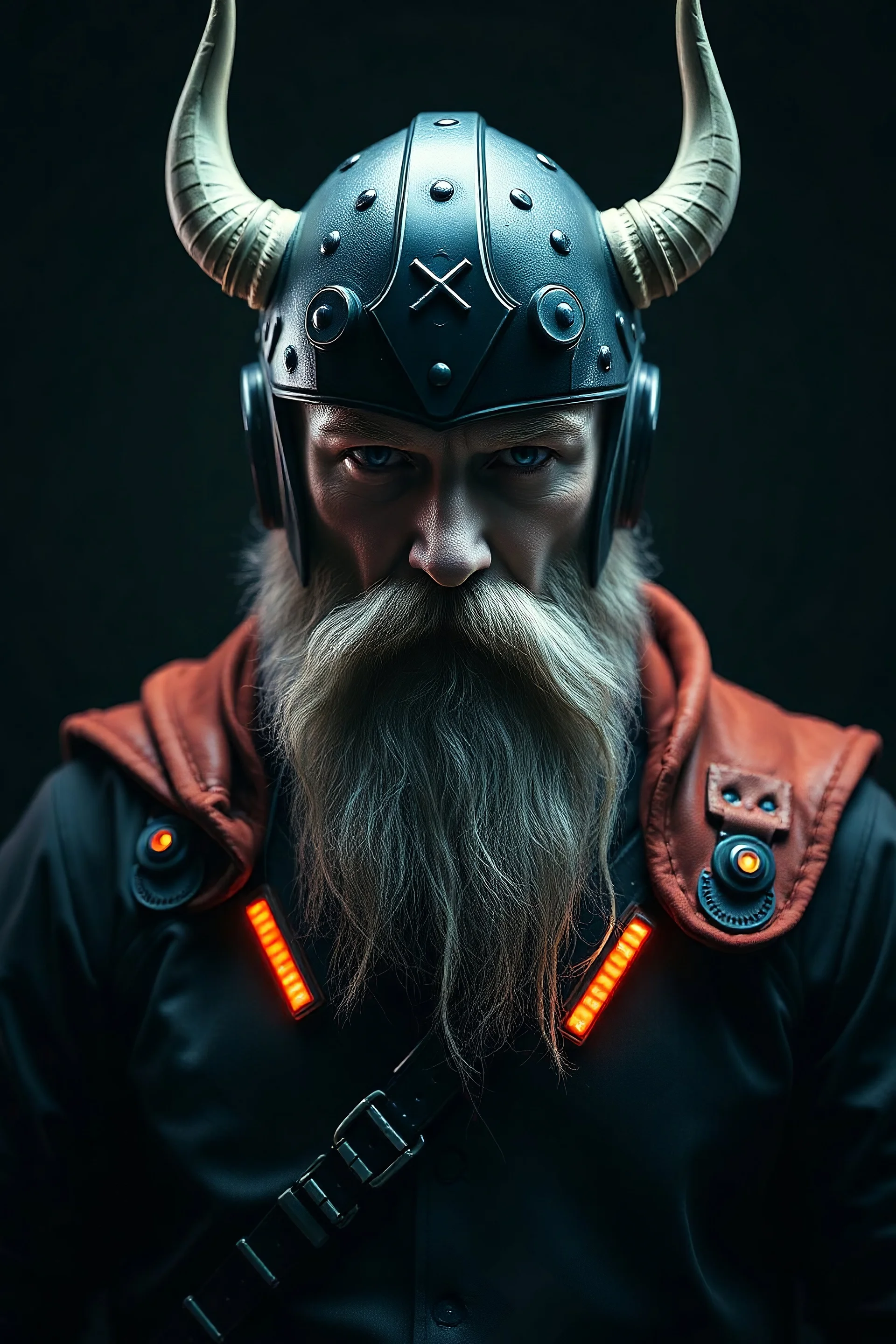 Ultrarealistic portait of a cyberpunk hacker viking from the front a meter away on a dark grey background