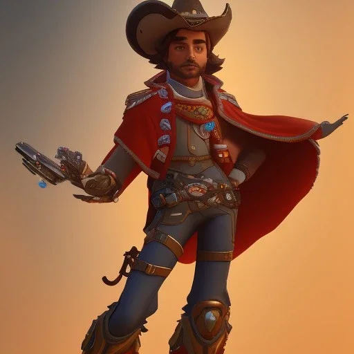 Ultra detailed fullbody Portrait of overwatch cow boy character with red cloak- Jesse McCree ,extremely detailed digital painting,intense stare, extremely detailed face, crystal clear eyes, mystical colors ,perfectly centered image, perfect composition, rim light, beautiful lighting,masterpiece ,8k, stunning scene, raytracing, anatomically correct, in the style of Steve Jung and robert e howard and Wizyakuza and Ohrai Noriyoshi and Simon Bisley and uncannyknack and kilory.