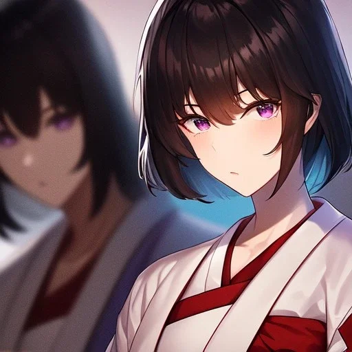 Clear focus,High resolution,8k, Beatiful Lighting, black short fluffy hair, long fluffy bangs, purple eyes, wearing a miko outfit, extreme close up