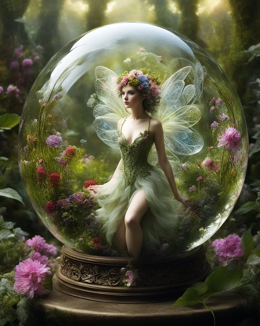 Photography The beautiful fairy girl in glass ball is an abstract concept that refers to a world made entirely of flowers or plants, often in a fantasy or mythical setting. The flower planet in this image appears to be a baroque world, with ornate spiral patterns and intricate designs.