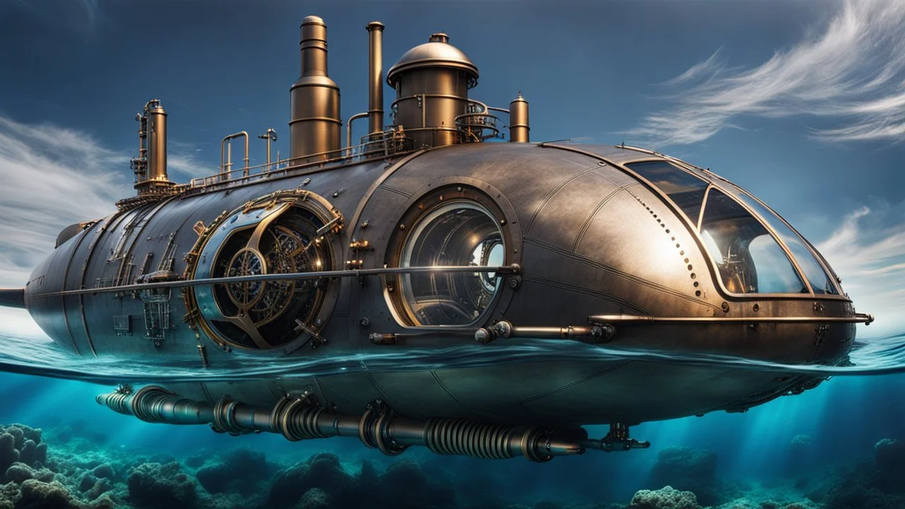 An unique cyber steampunk glass and metal submarine in the ocean, with large of water surrounding it. The submarine bottom positioned in the center of the frame, providing a unique perspective on this streamlined high-techstructure and interior equipment underwater, high detalied, sharp focus, best shot, sci-fi mood