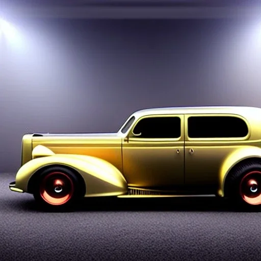 volumetric hitech photo studio environment and background, retro concept study drawing of a hypothetical upcoming futuristic 2035 remake of the 1935 dodge brothers touring sedan du-2, random duo color paint, retromod, widebody, lowered, classic hotrod wheels, 100th year anniversary edition, ornate, colour-washed futuristic colors, elegant, small minutiae, tiny features, particulars, realistic shaded volumetric studio lighting, perfect shadows, backlight, sss, translucence, intricate