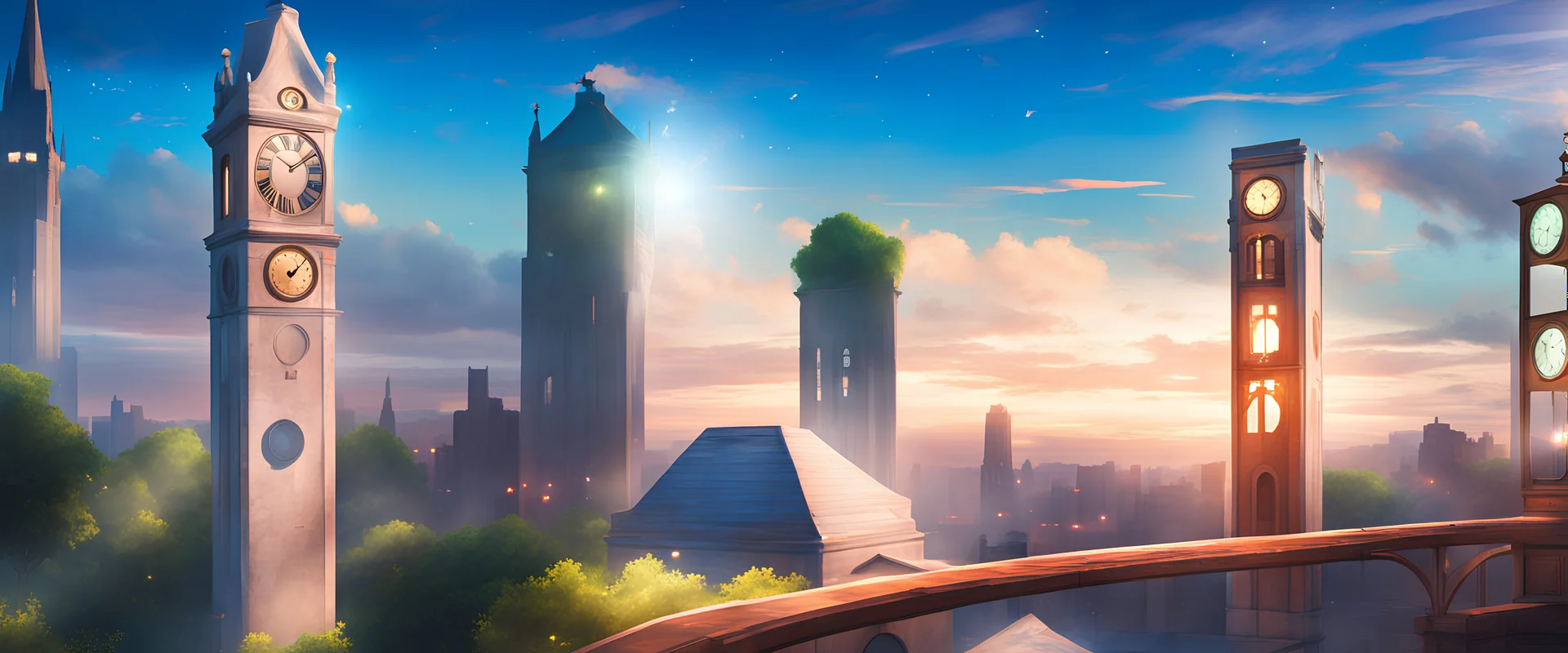 clock on tower, saber lights, greenery, flowers