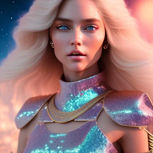 white woman glitter smiling long blond hair blue eyes in a galactic ambiance, delicate colors in the foreground, full of details, smooth, light effect，vaporwave colorful, smooth, extremely sharp detail, finely tuned detail, ultra high definition, 8 k, ultra sharp focus